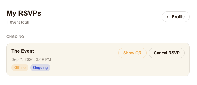 Tap "Show QR" next to your event