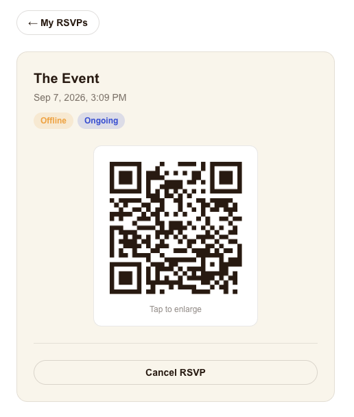 Your Check-in QR Code is shown on this page