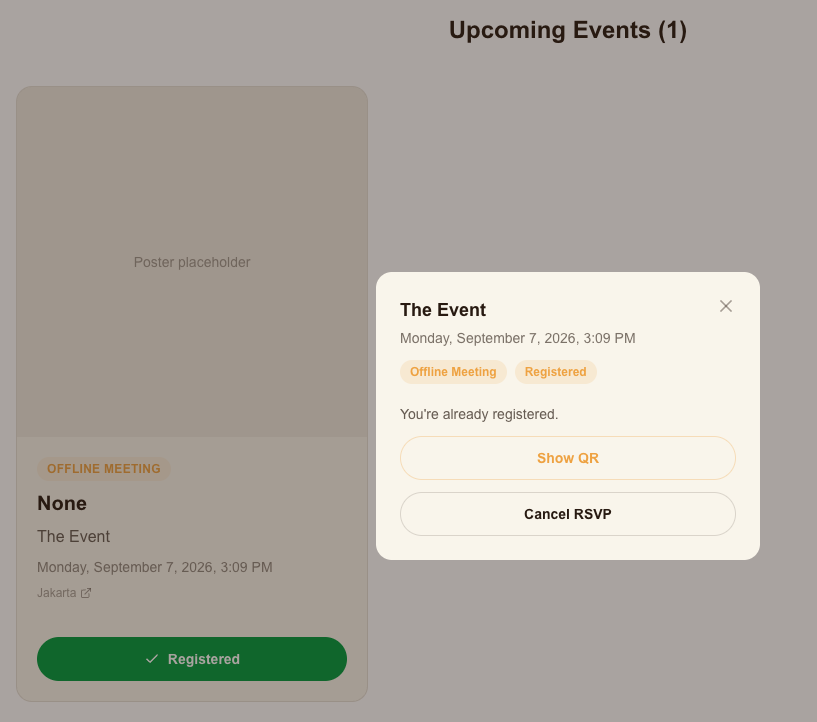 Or: tap the "Registered" button on the event's card (homepage or it's detail page), then "Show QR"